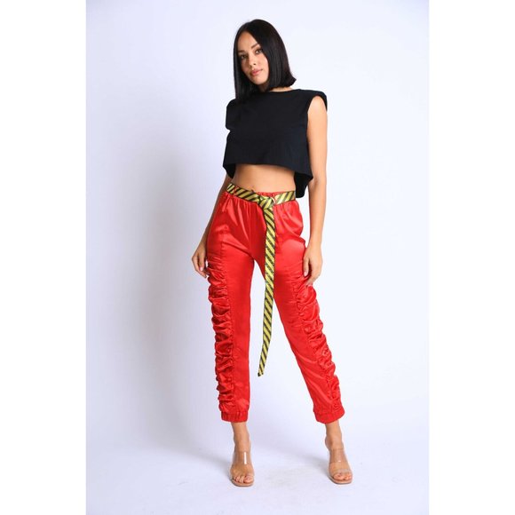 Women's Casual Satin Shirring Long Cuffed Pants With Belted Daily Outdoor Comfy - Picture 3 of 12